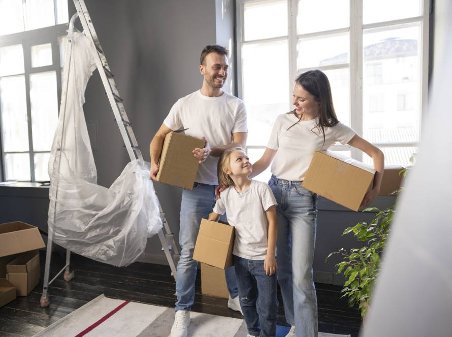 a family of mother father and daughter holding cardboard boxes.