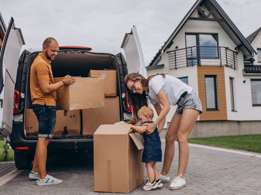 Family with little daughter moving with car.